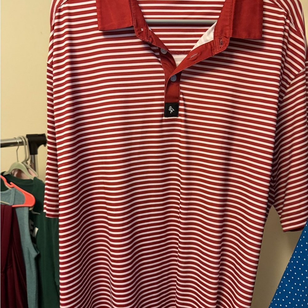 Men's Red and White Striped Polo Shirt